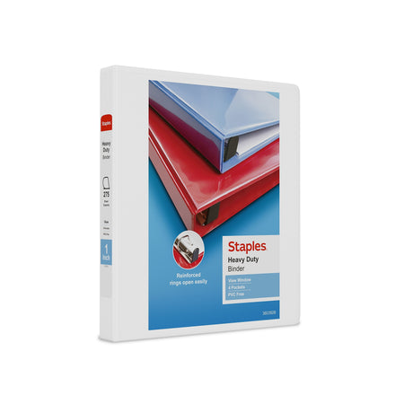 Staples Heavy Duty 1" 3-Ring View Binder, D-Ring, White