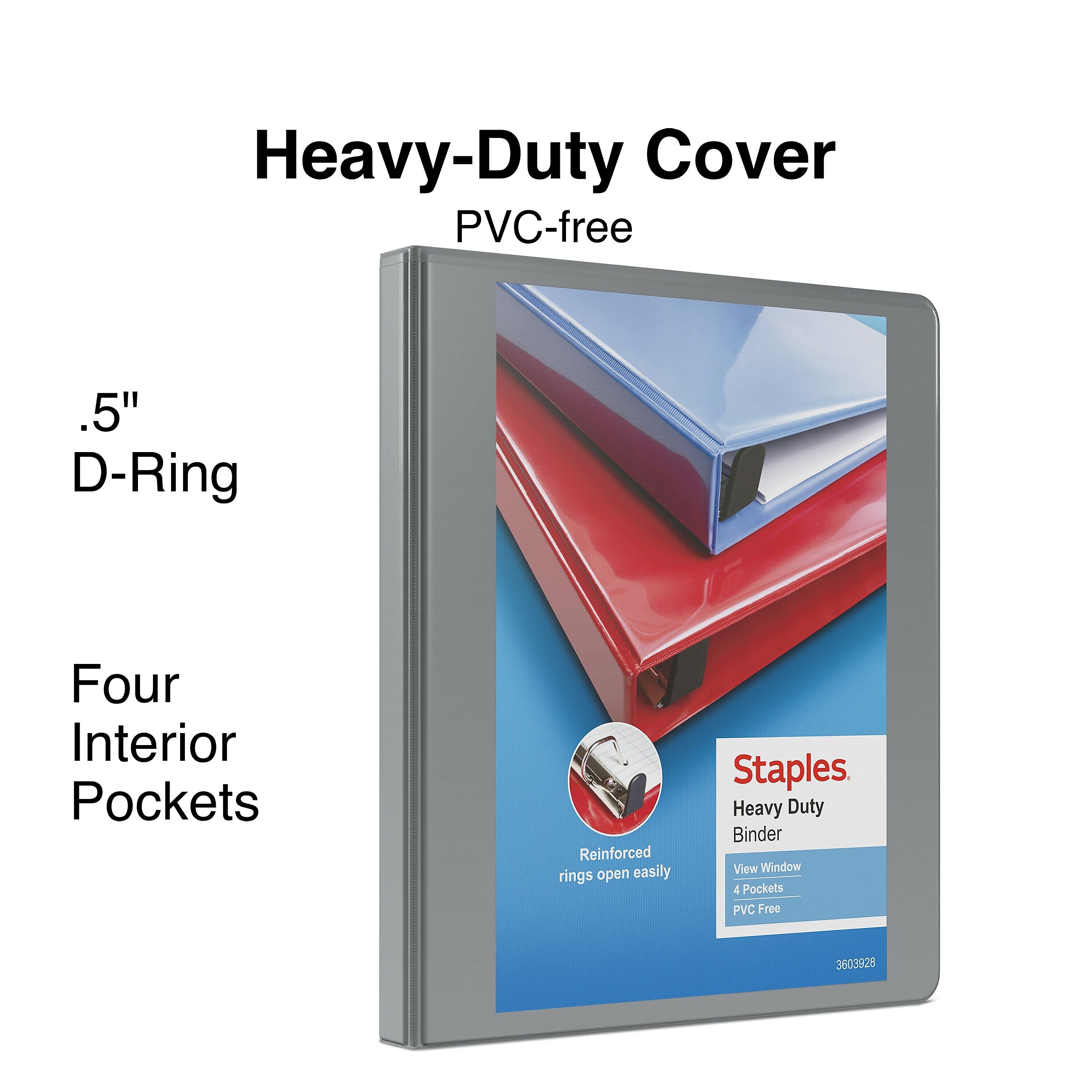 Staples Heavy Duty 1/2" 3-Ring View Binder, D-Ring, Gray