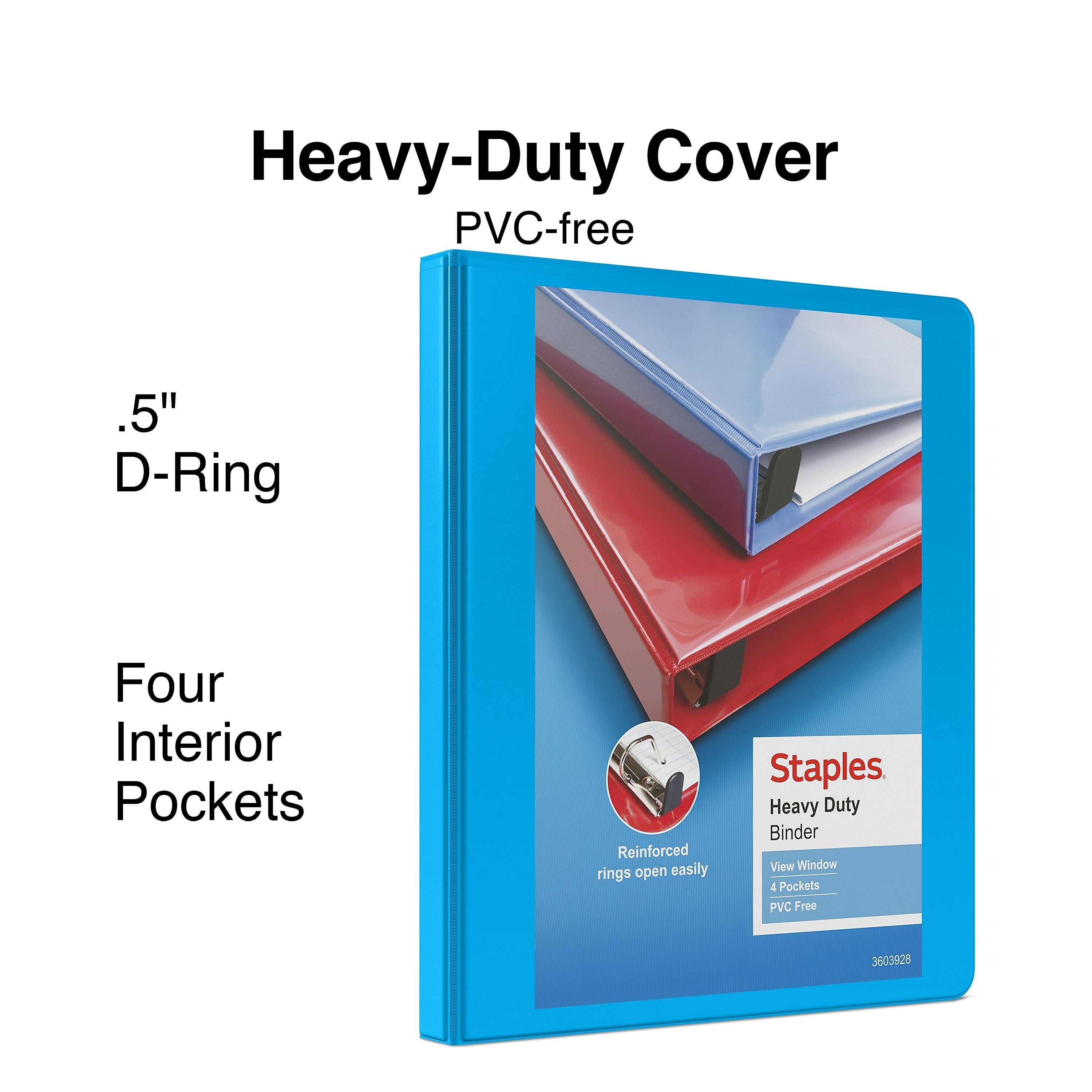 Staples Heavy Duty 1/2" 3-Ring View Binder, D-Ring, Light Blue