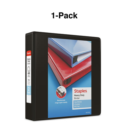 Staples Heavy Duty 2" 3-Ring View Binder, D-Ring, Black