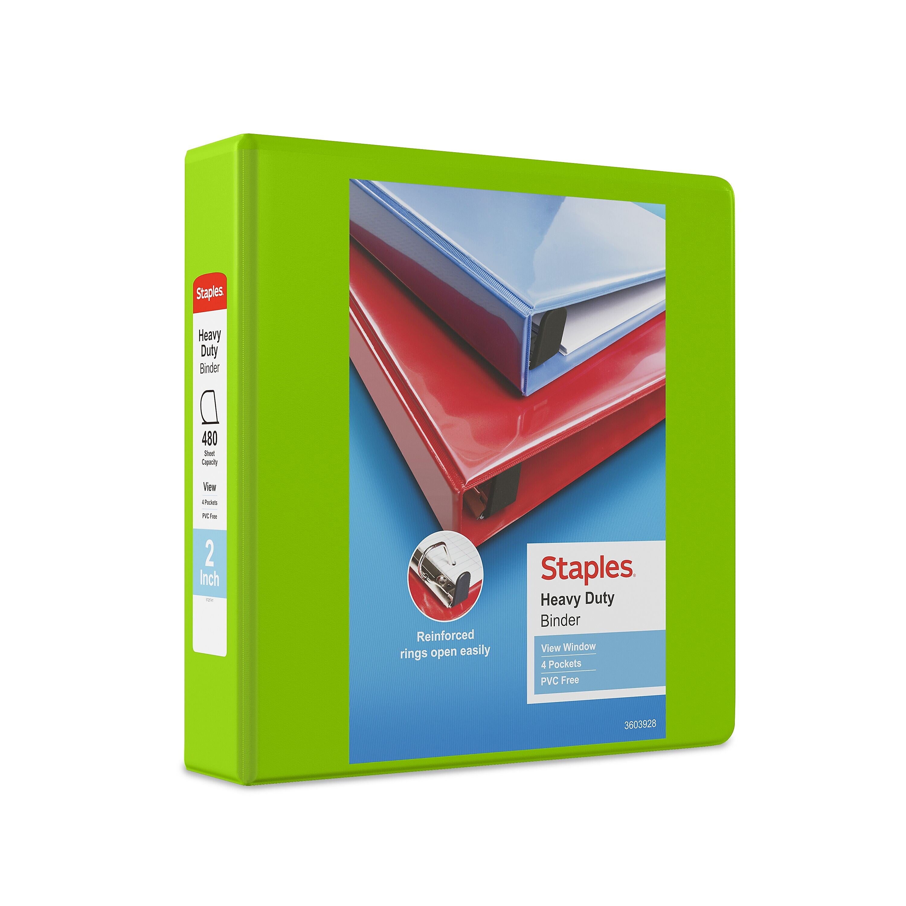 Staples Heavy Duty 2" 3-Ring View Binder, D-Ring, Chartreuse