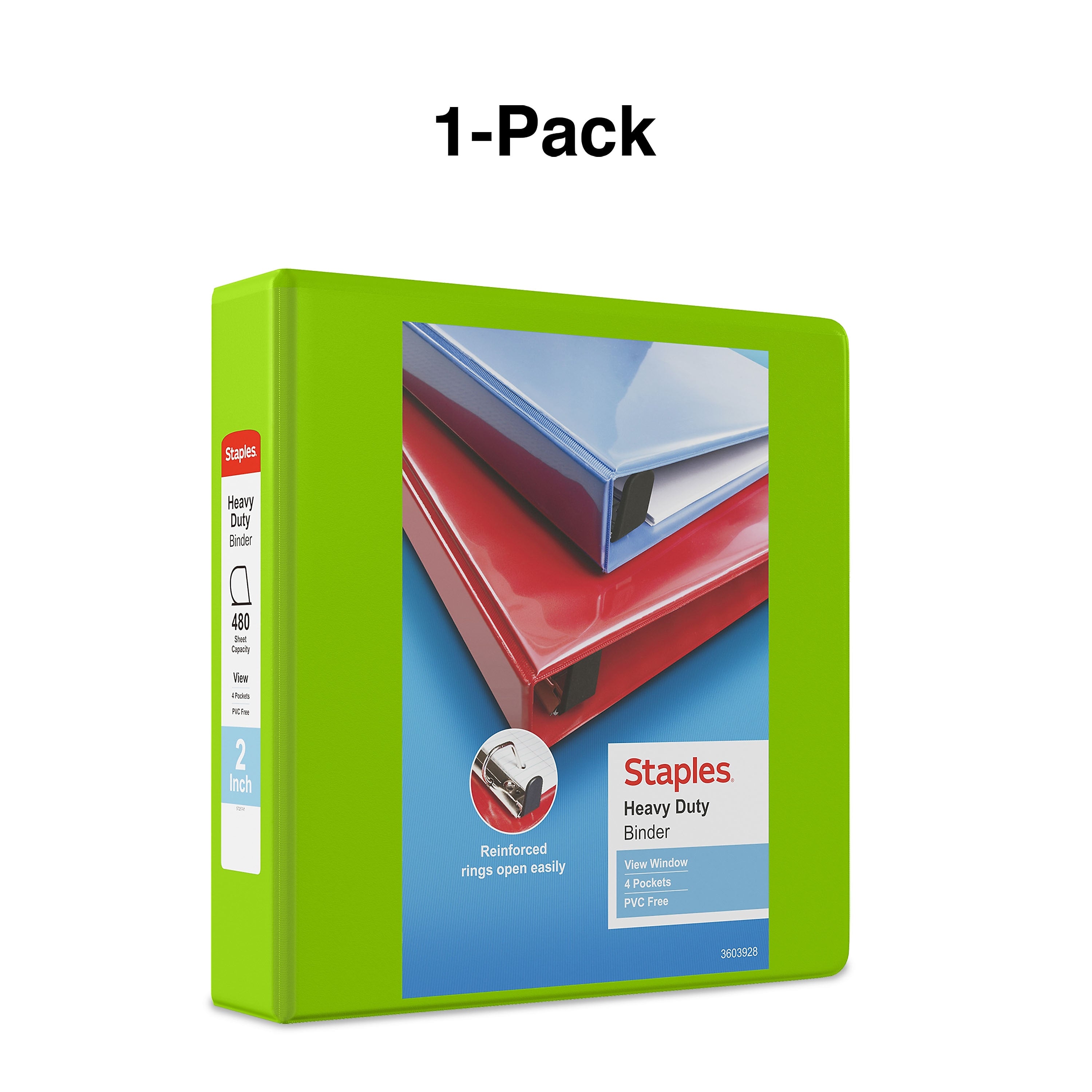 Staples Heavy Duty 2" 3-Ring View Binder, D-Ring, Chartreuse