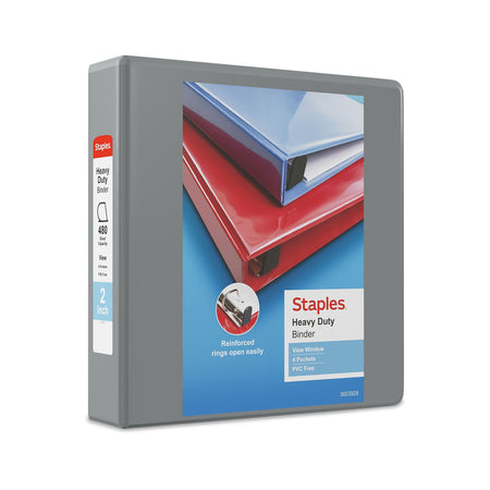 Staples Heavy Duty 2" 3-Ring View Binder, D-Ring, Gray