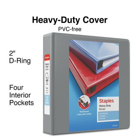 Staples Heavy Duty 2" 3-Ring View Binder, D-Ring, Gray