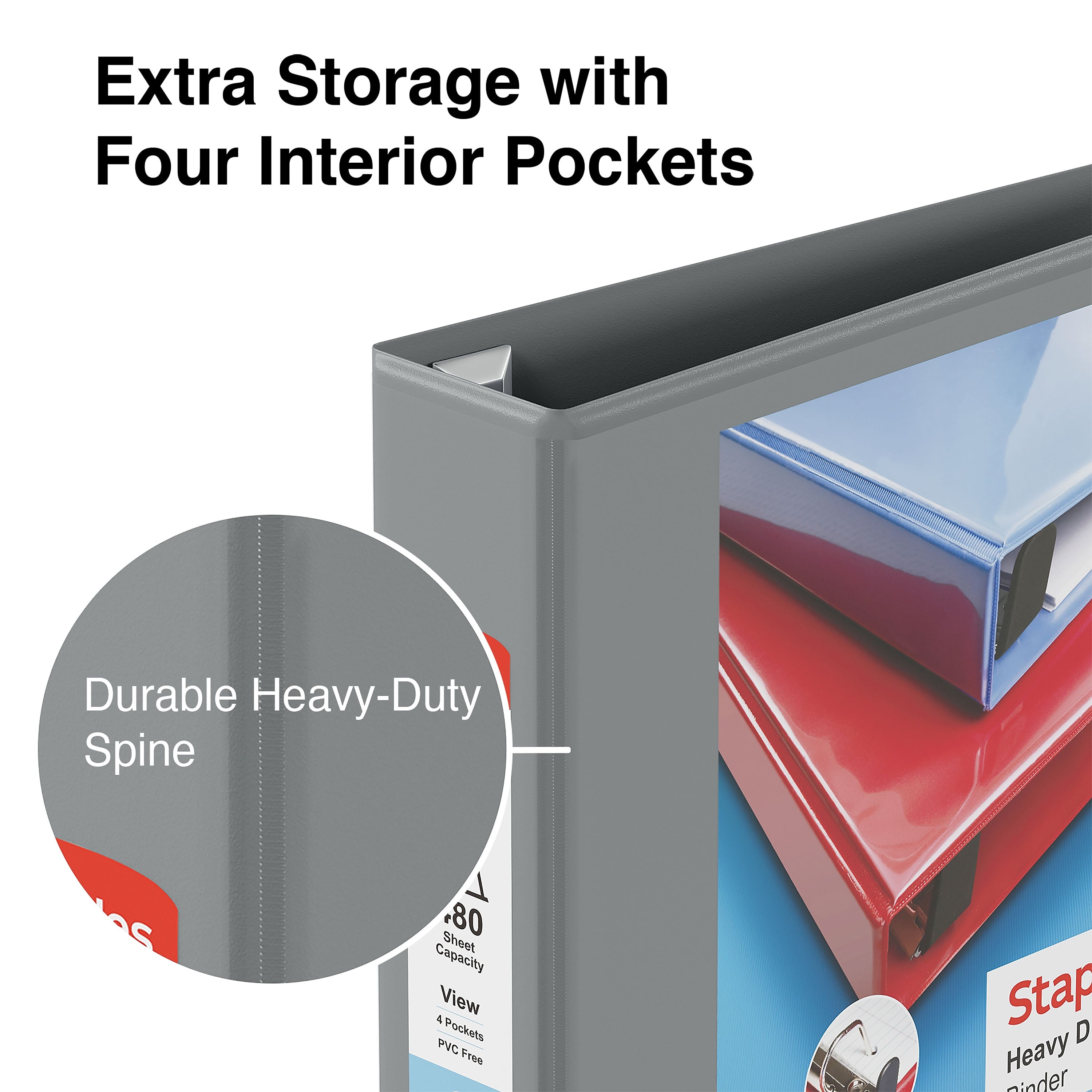 Staples Heavy Duty 2" 3-Ring View Binder, D-Ring, Gray