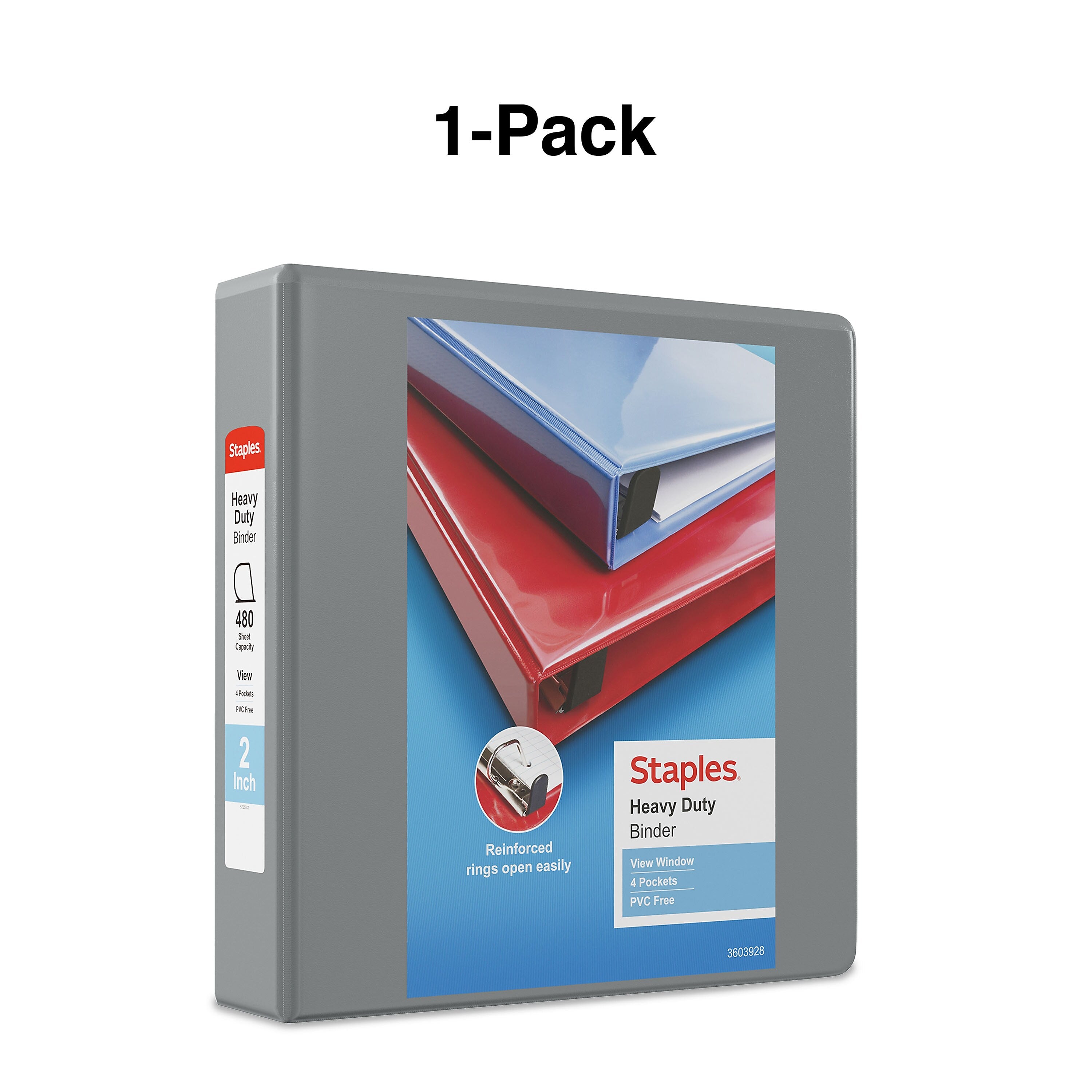 Staples Heavy Duty 2" 3-Ring View Binder, D-Ring, Gray