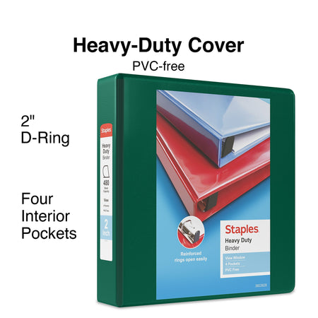 Staples Heavy Duty 2" 3-Ring View Binder, D-Ring, Green