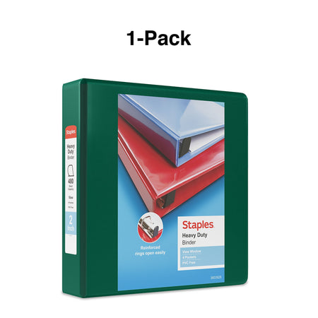 Staples Heavy Duty 2" 3-Ring View Binder, D-Ring, Green