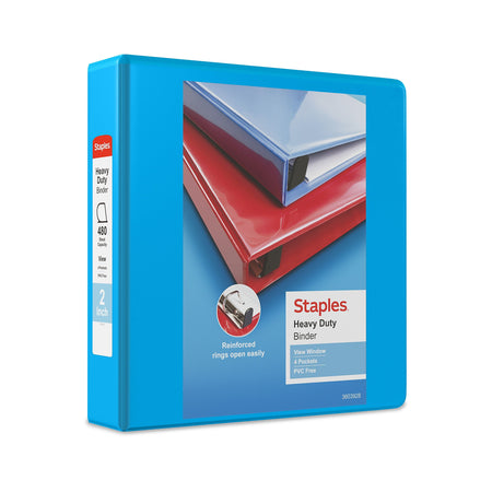 Staples Heavy Duty 2" 3-Ring View Binder, D-Ring, Light Blue