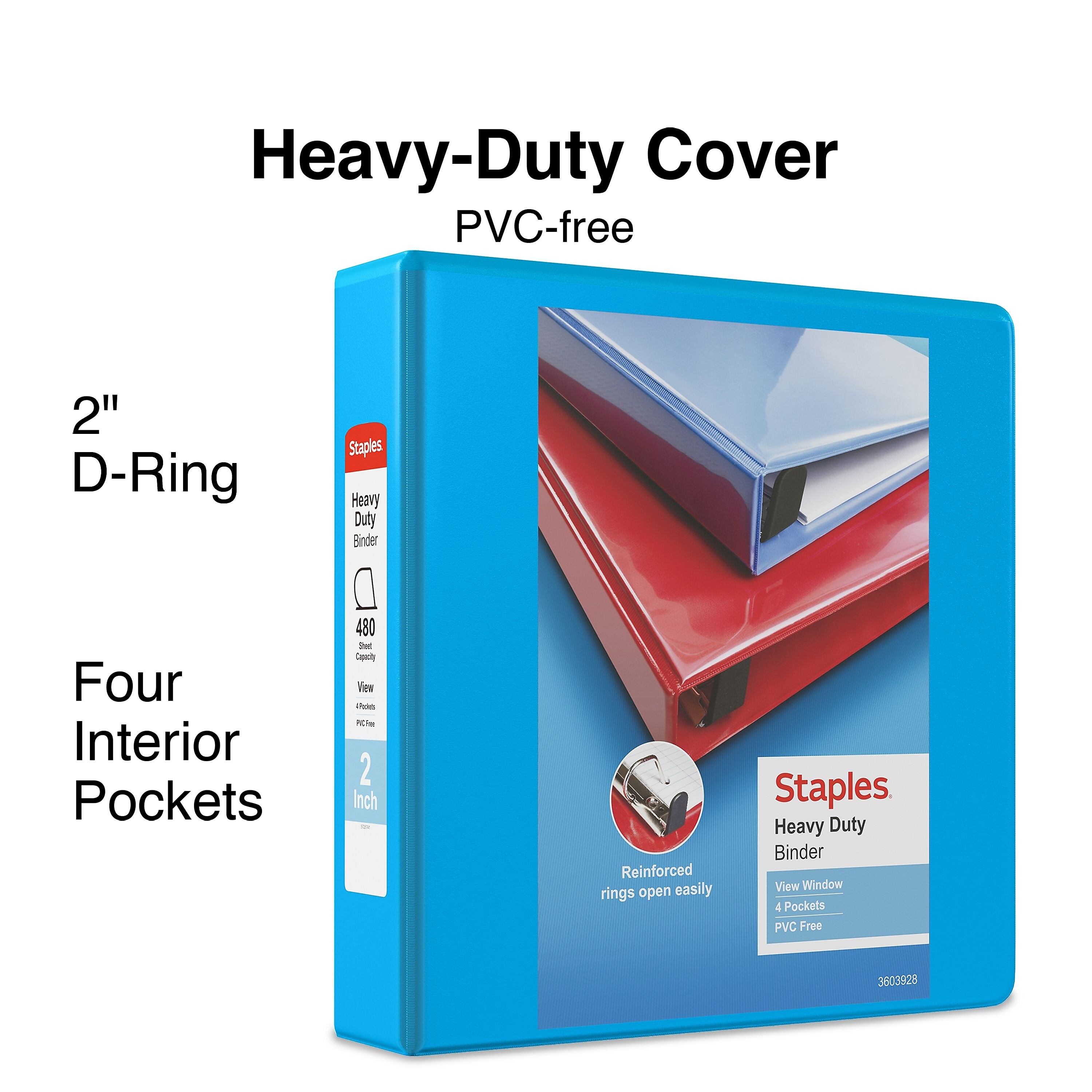 Staples Heavy Duty 2" 3-Ring View Binder, D-Ring, Light Blue