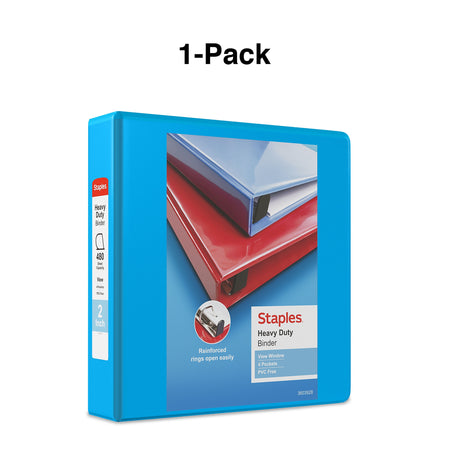 Staples Heavy Duty 2" 3-Ring View Binder, D-Ring, Light Blue