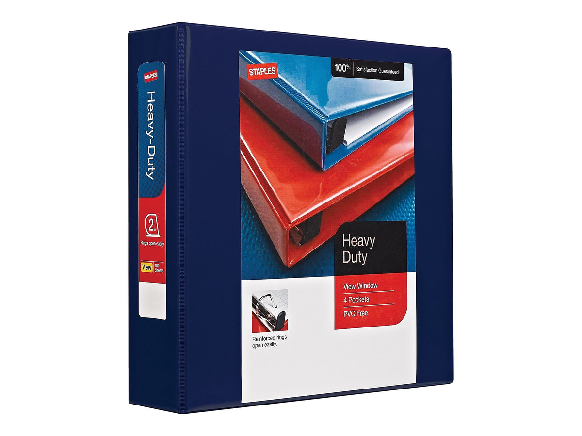 Staples Heavy Duty 2" 3-Ring View Binder, D-Ring, Navy Blue