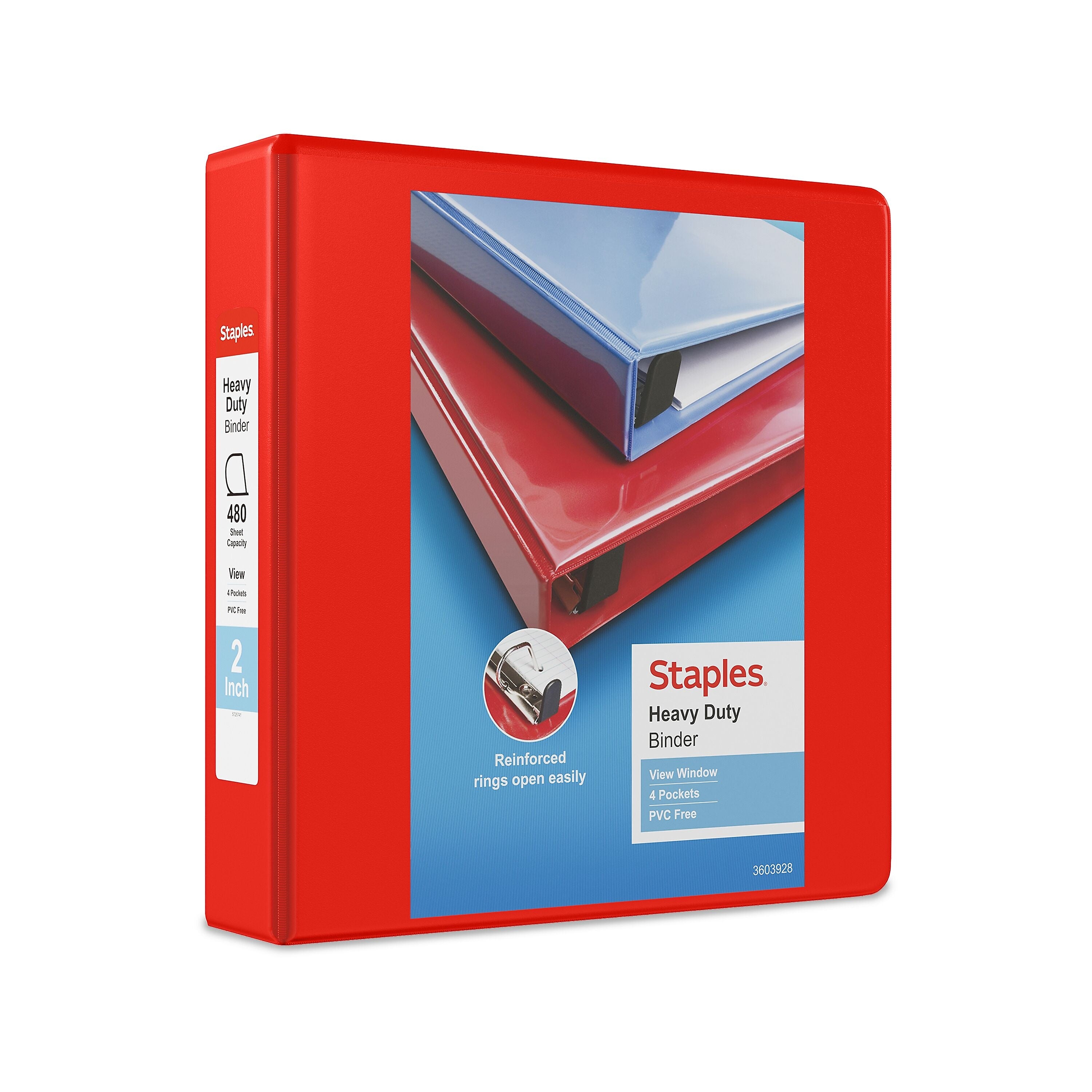 Staples Heavy Duty 2" 3-Ring View Binder, D-Ring, Red