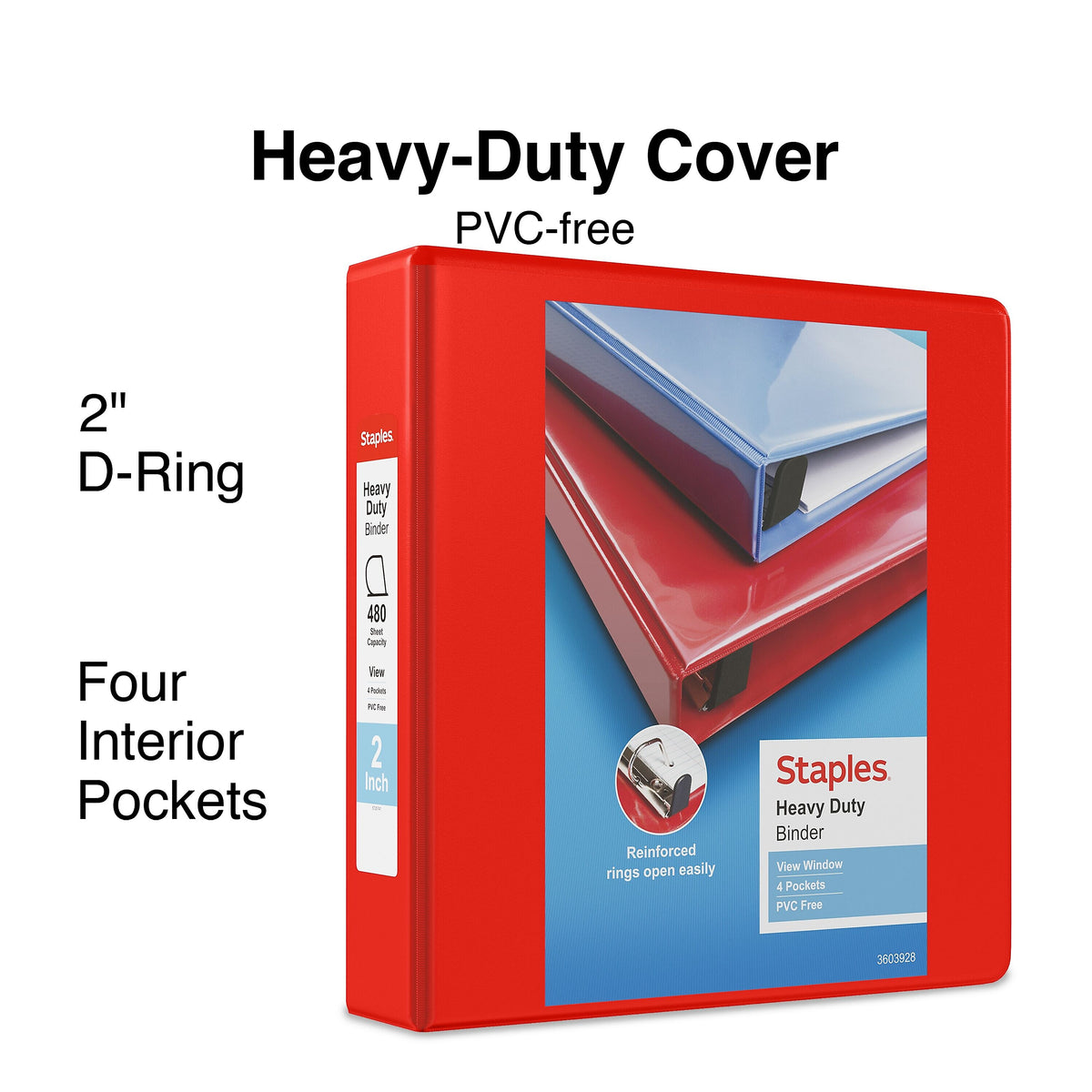 Staples Heavy Duty 2" 3-Ring View Binder, D-Ring, Red