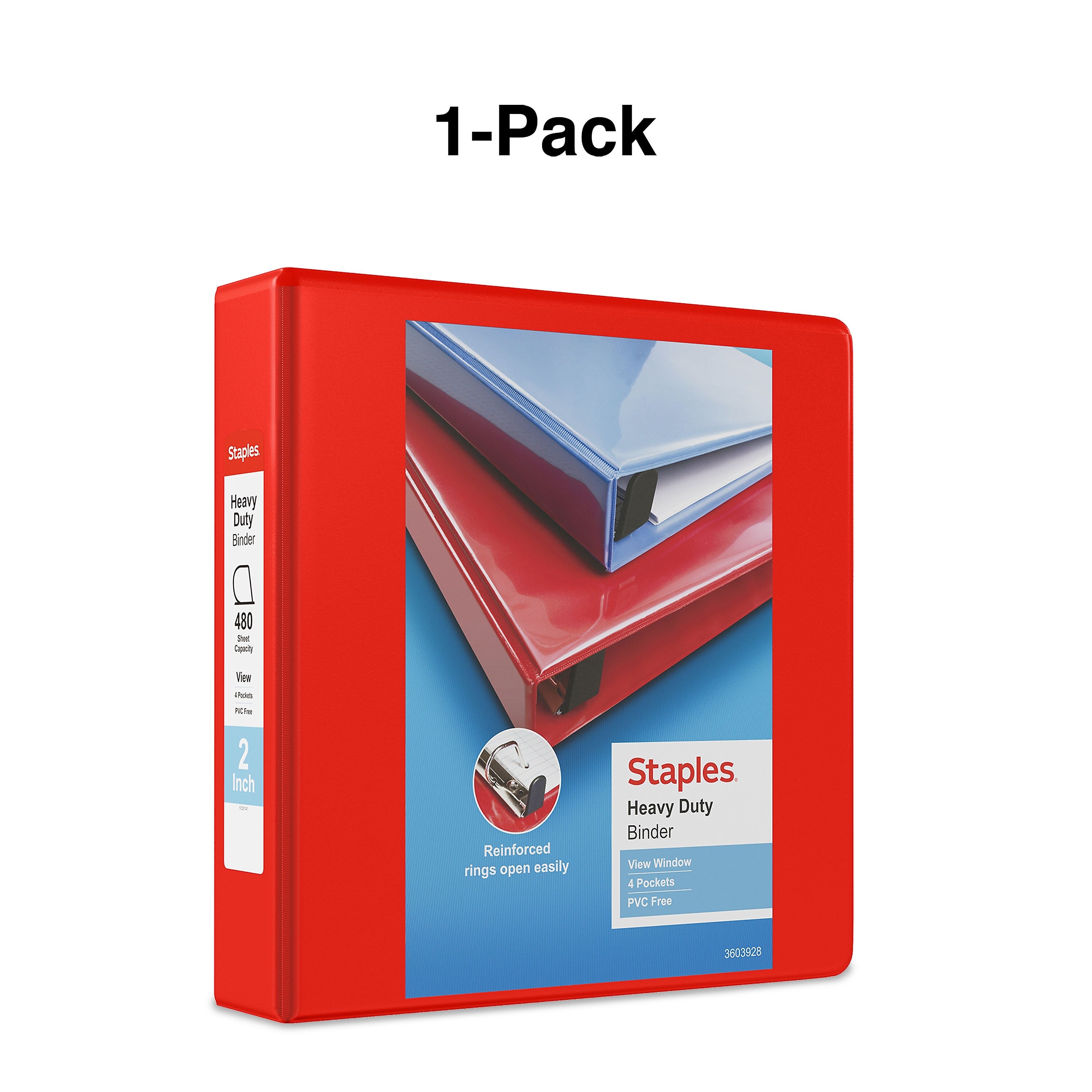 Staples Heavy Duty 2" 3-Ring View Binder, D-Ring, Red