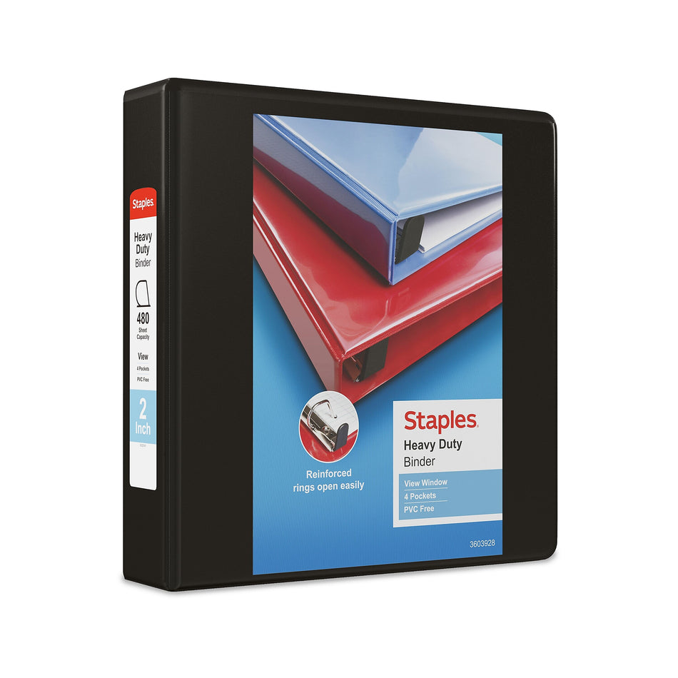 Staples Heavy Duty 2" 3-Ring View Binders, D-Ring, Black, 6/Pack