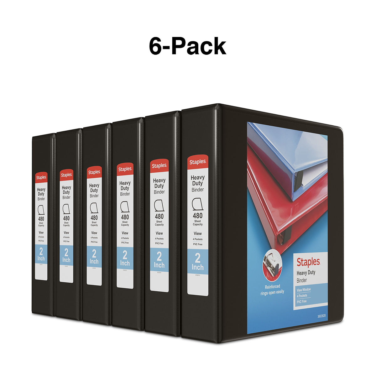 Staples Heavy Duty 2" 3-Ring View Binders, D-Ring, Black, 6/Pack