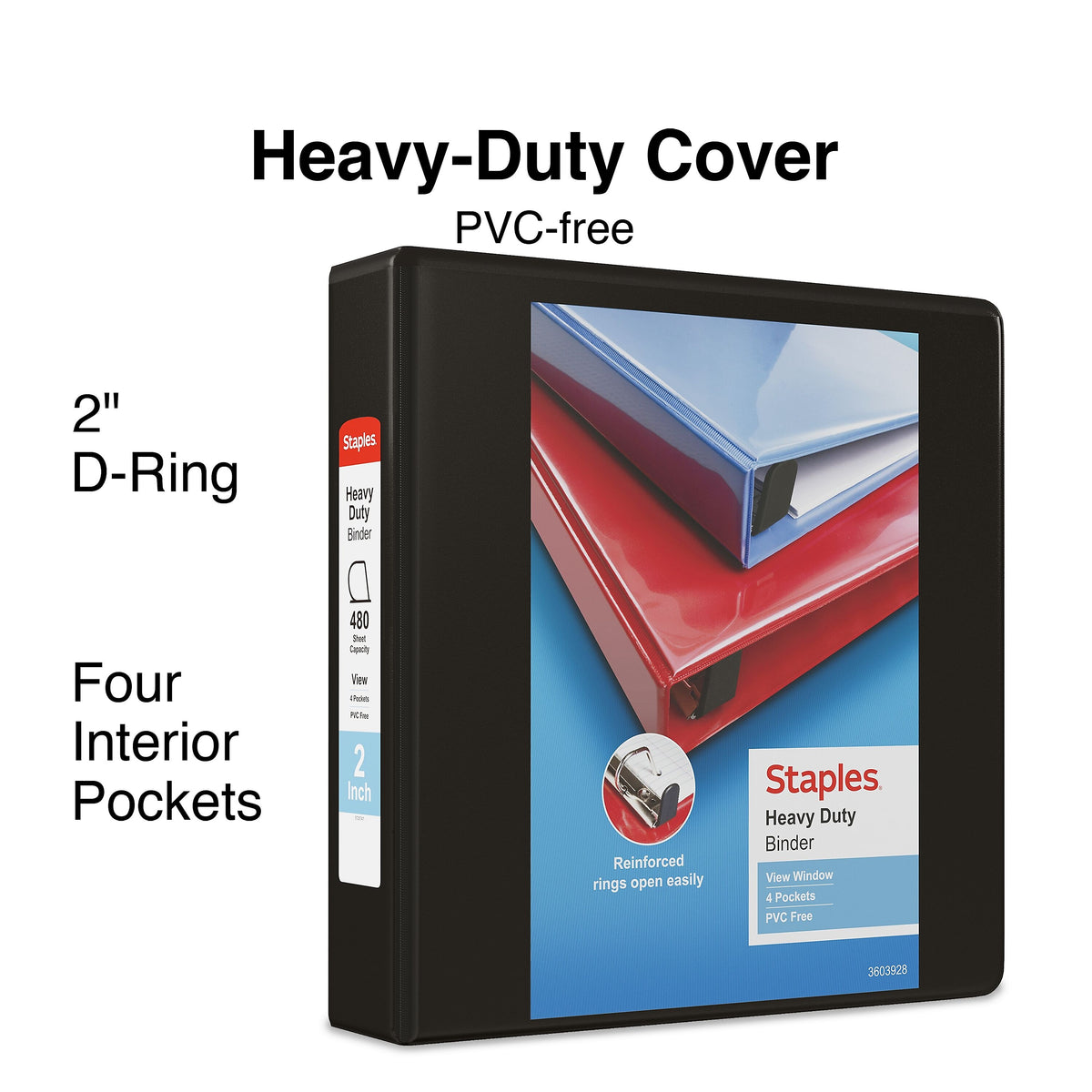 Staples Heavy Duty 2" 3-Ring View Binders, D-Ring, Black, 6/Pack