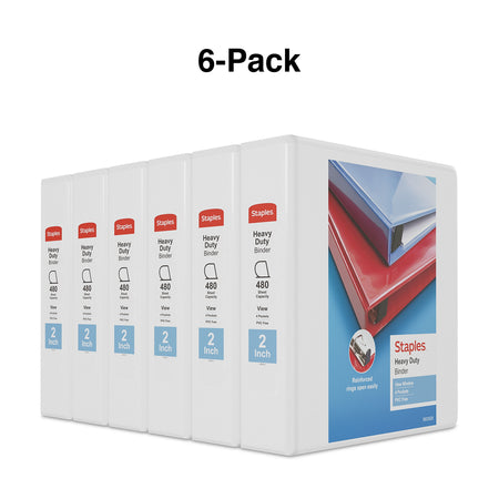 Staples Heavy Duty 2" 3-Ring View Binders, D-Ring, White, 6/Pack