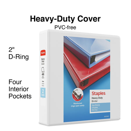 Staples Heavy Duty 2" 3-Ring View Binders, D-Ring, White, 6/Pack