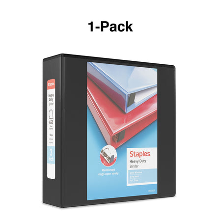 Staples Heavy Duty 3" 3-Ring View Binder, D-Ring, Black