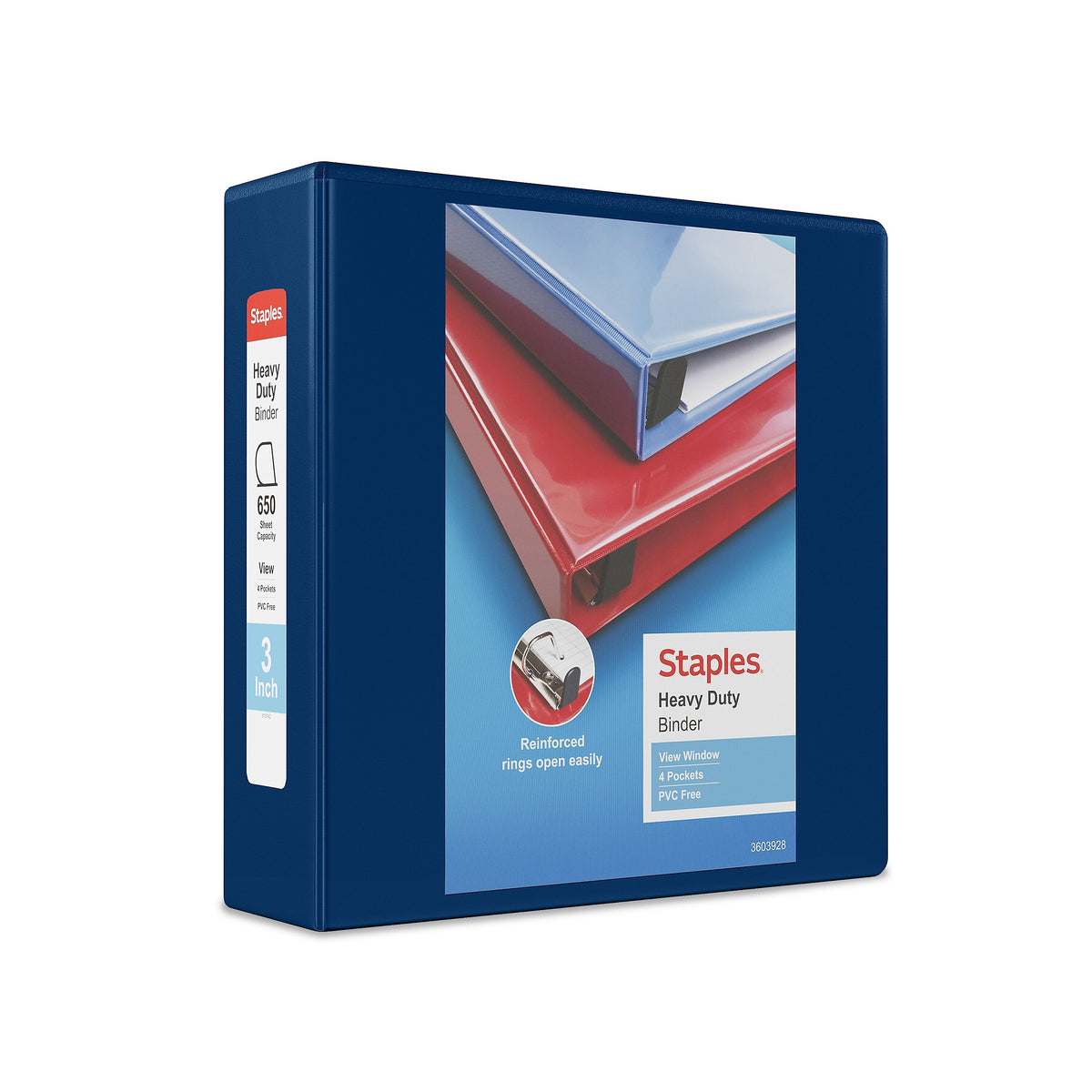 Staples Heavy Duty 3" 3-Ring View Binder, D-Ring, Blue