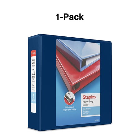 Staples Heavy Duty 3" 3-Ring View Binder, D-Ring, Blue