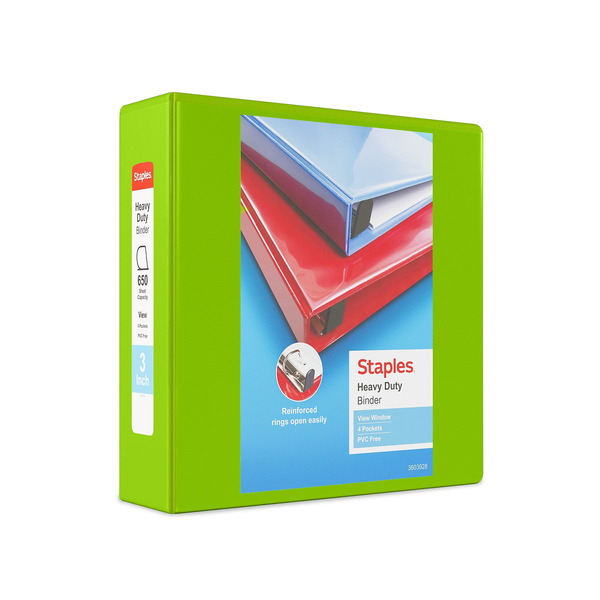 Staples Heavy Duty 3" 3-Ring View Binder, D-Ring, Chartreuse