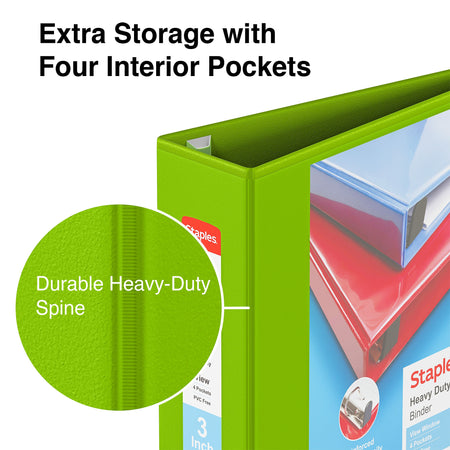 Staples Heavy Duty 3" 3-Ring View Binder, D-Ring, Chartreuse