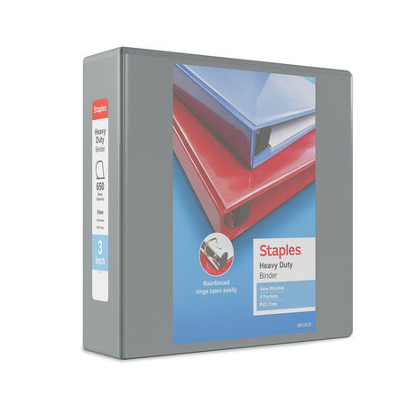 Staples Heavy Duty 3" 3-Ring View Binder, D-Ring, Gray