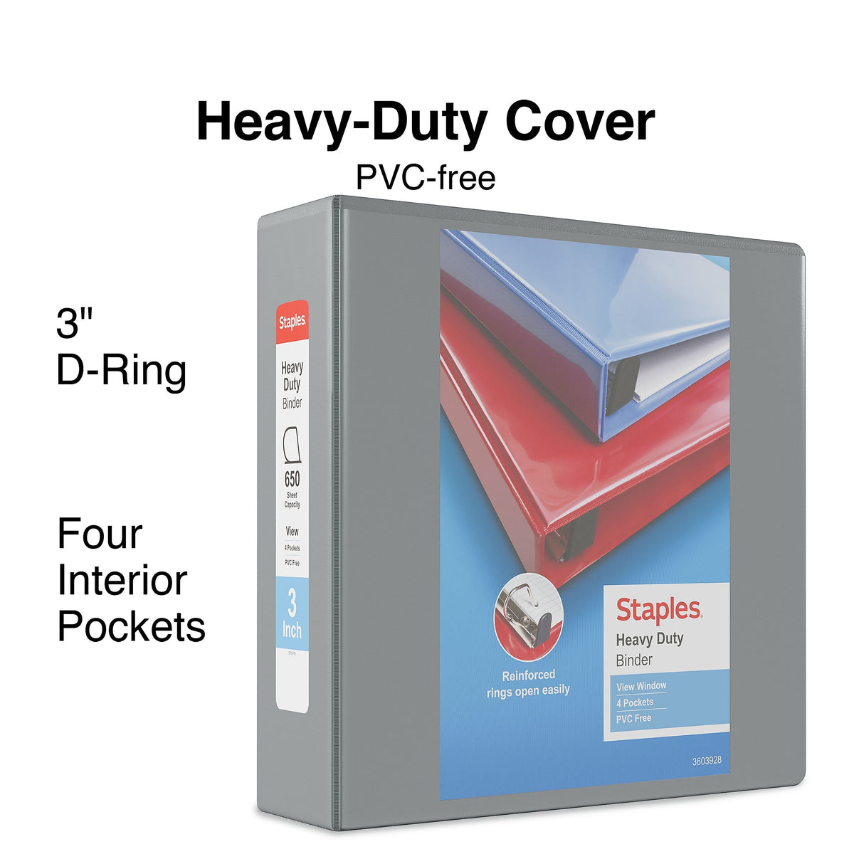 Staples Heavy Duty 3" 3-Ring View Binder, D-Ring, Gray