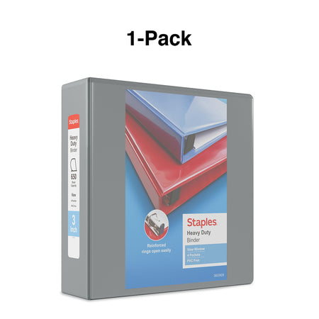 Staples Heavy Duty 3" 3-Ring View Binder, D-Ring, Gray