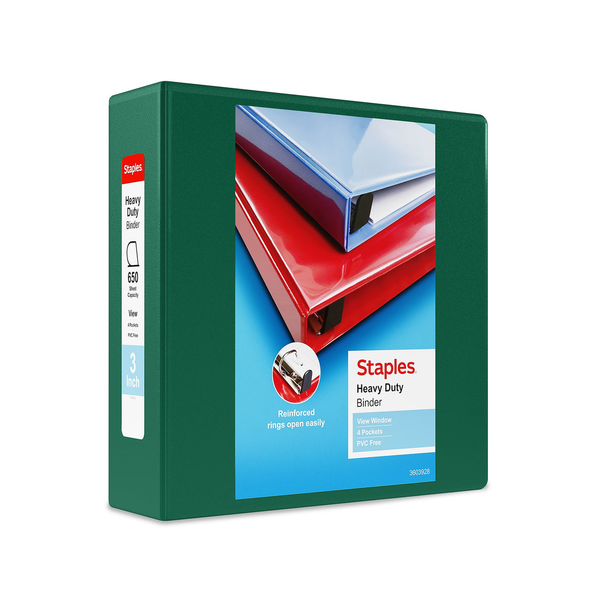 Staples Heavy Duty 3" 3-Ring View Binder, D-Ring, Green