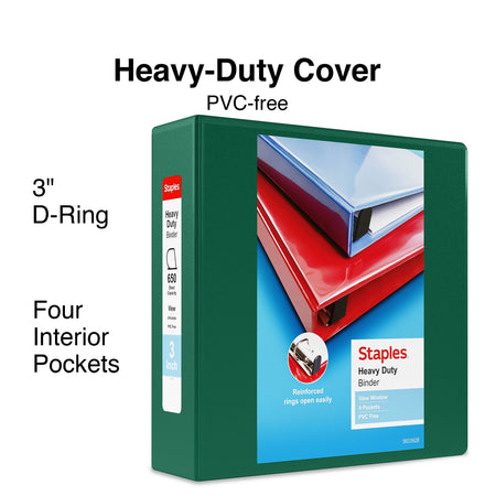 Staples Heavy Duty 3" 3-Ring View Binder, D-Ring, Green