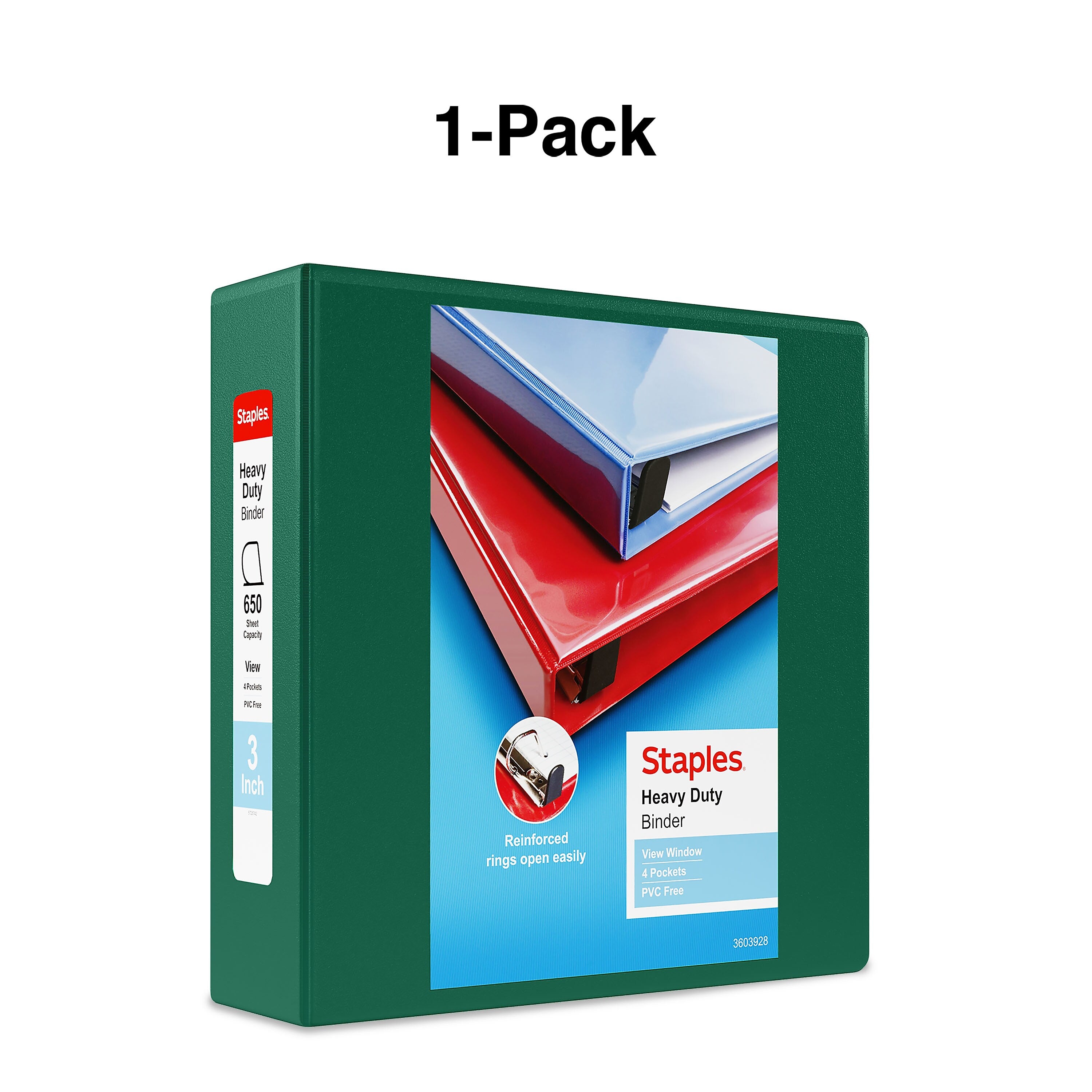 Staples Heavy Duty 3" 3-Ring View Binder, D-Ring, Green