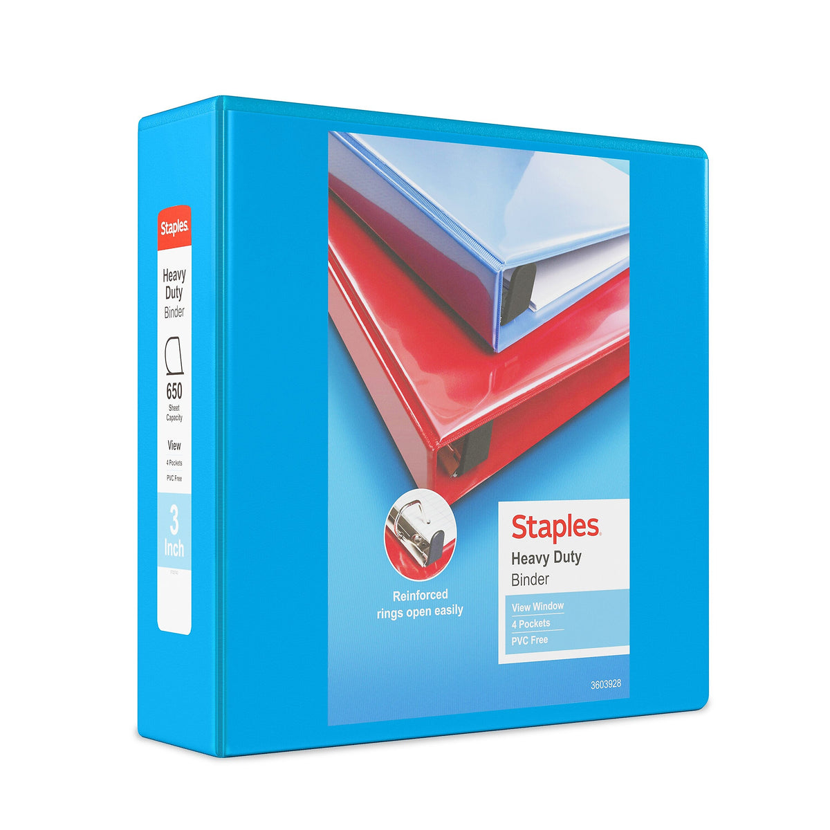 Staples Heavy Duty 3" 3-Ring View Binder, D-Ring, Light Blue