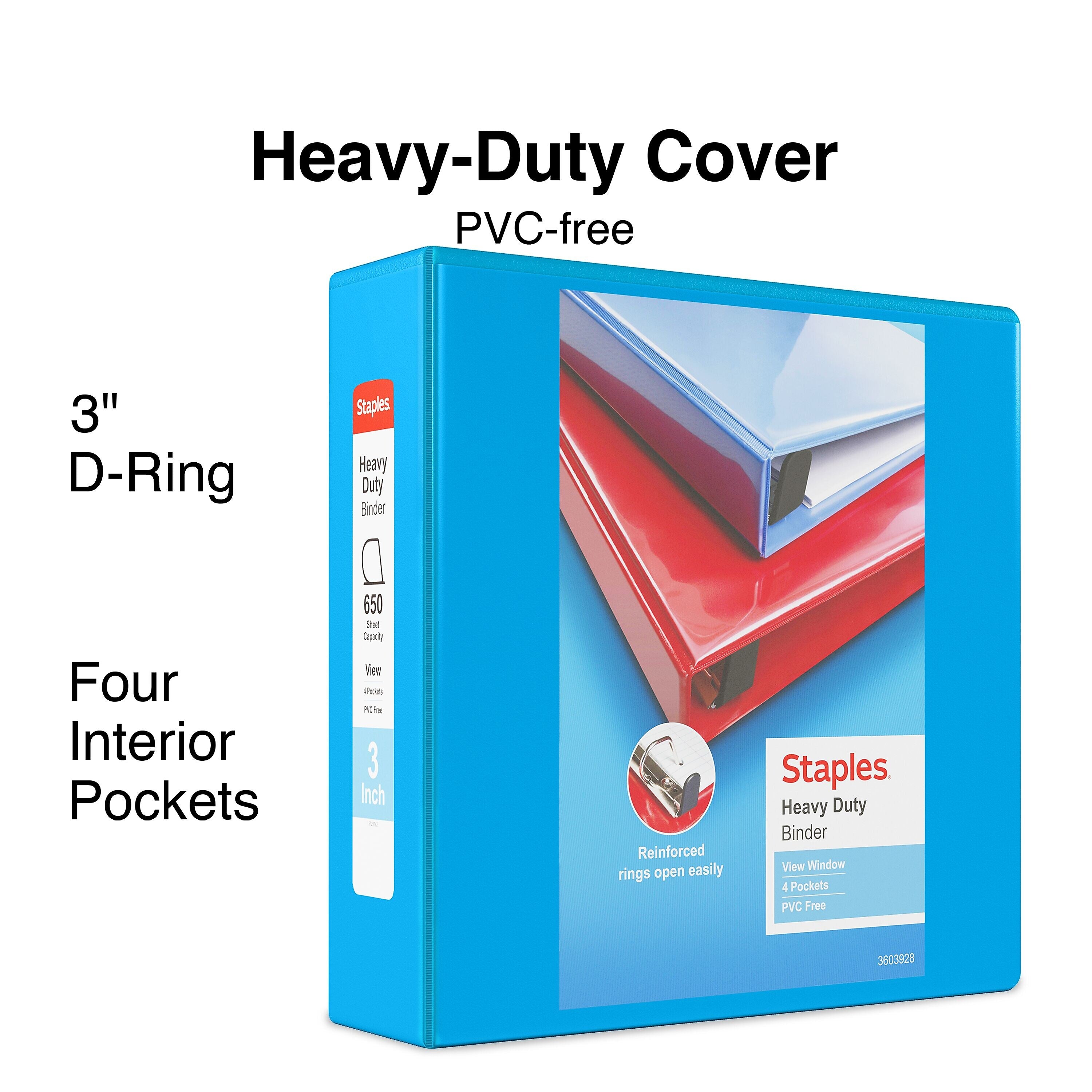 Staples Heavy Duty 3" 3-Ring View Binder, D-Ring, Light Blue