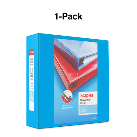 Staples Heavy Duty 3" 3-Ring View Binder, D-Ring, Light Blue