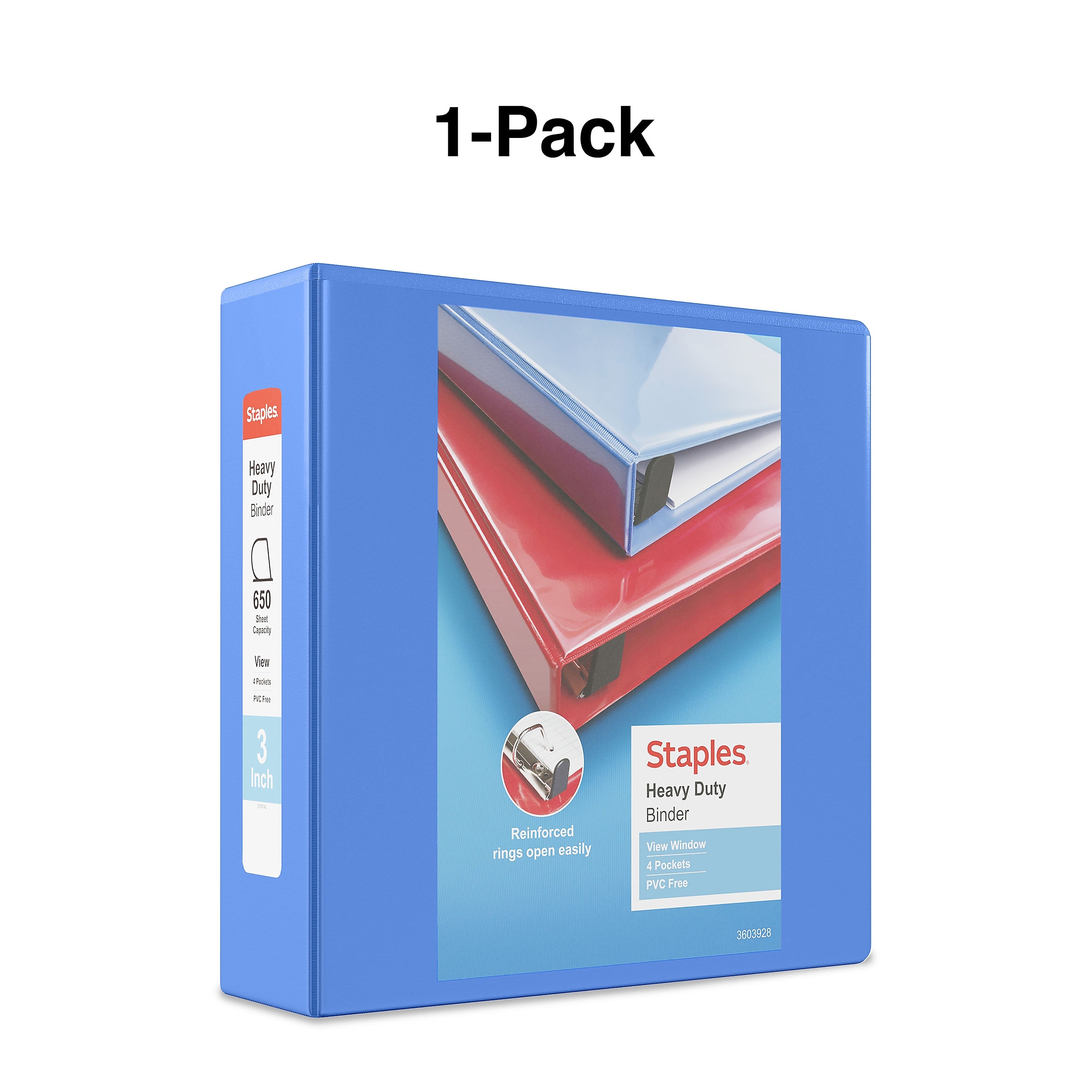 Staples Heavy Duty 3" 3-Ring View Binder, D-Ring, Periwinkle