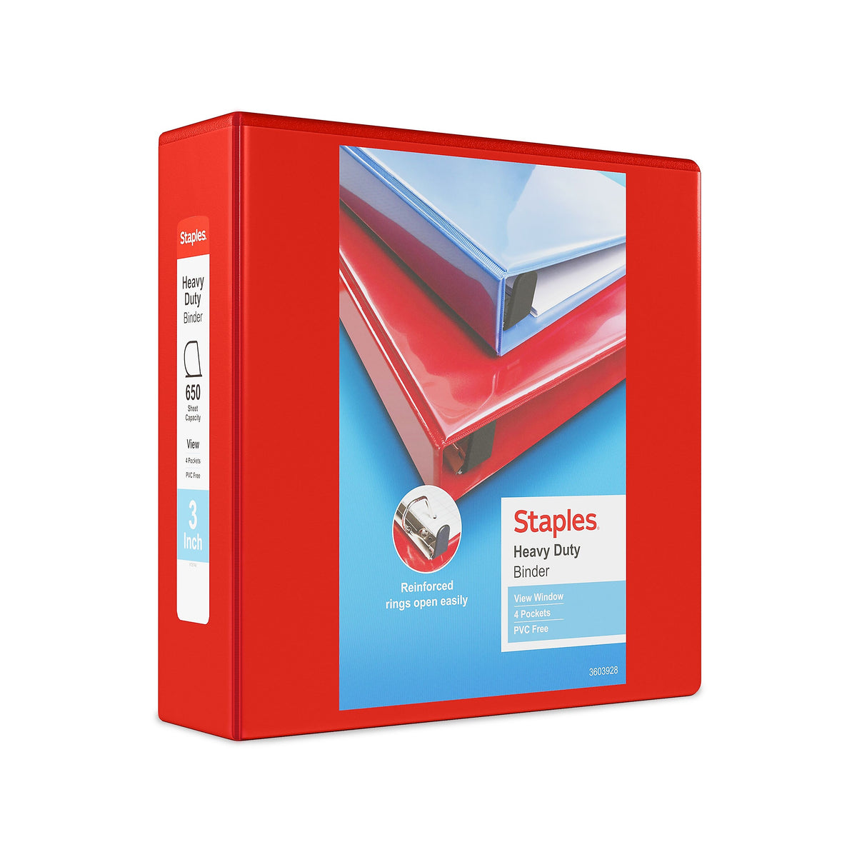 Staples Heavy Duty 3" 3-Ring View Binder, D-Ring, Red