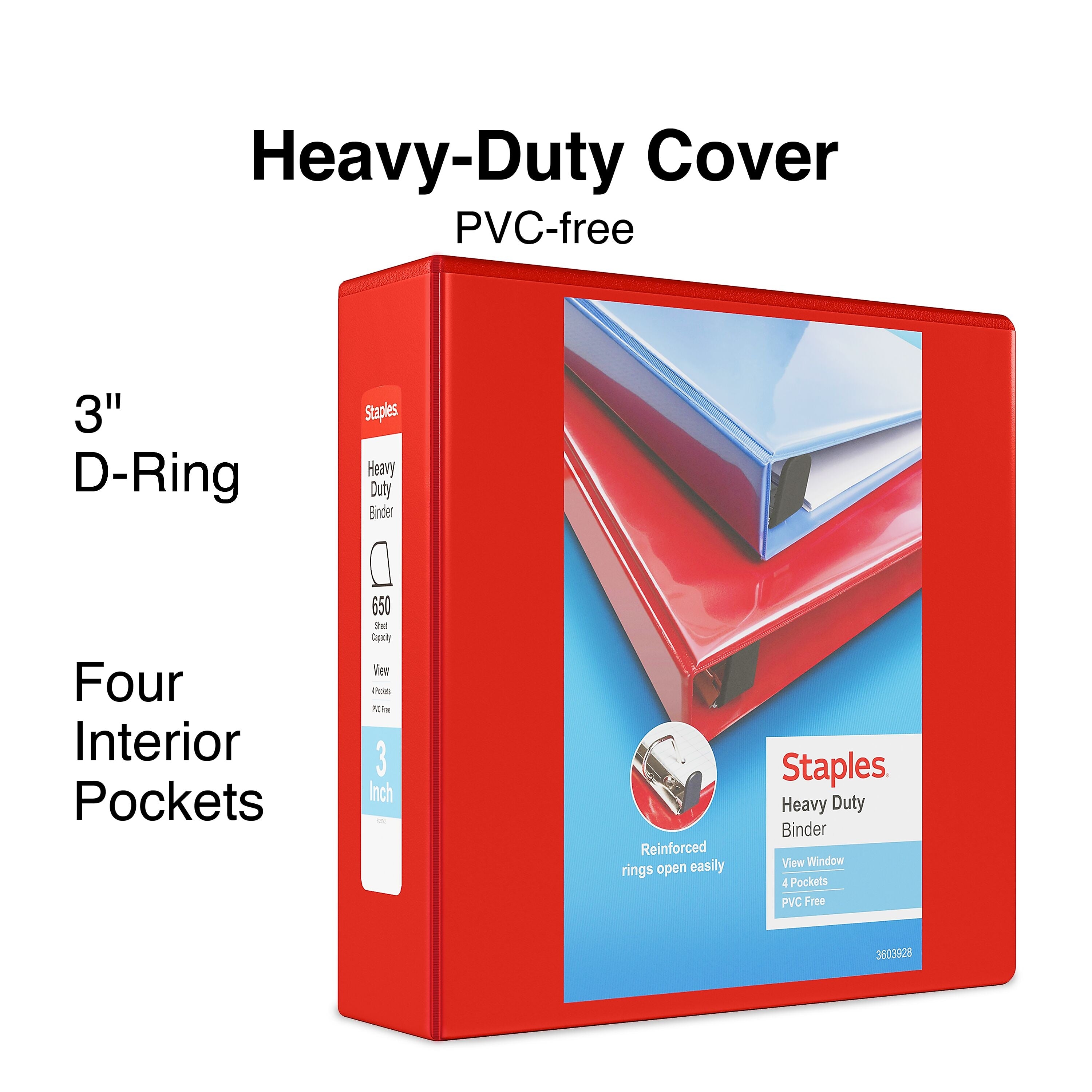 Staples Heavy Duty 3" 3-Ring View Binder, D-Ring, Red