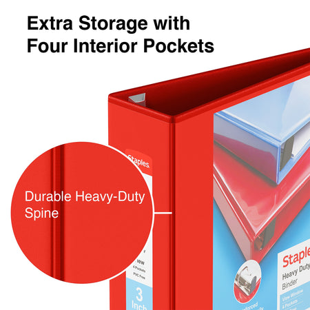 Staples Heavy Duty 3" 3-Ring View Binder, D-Ring, Red