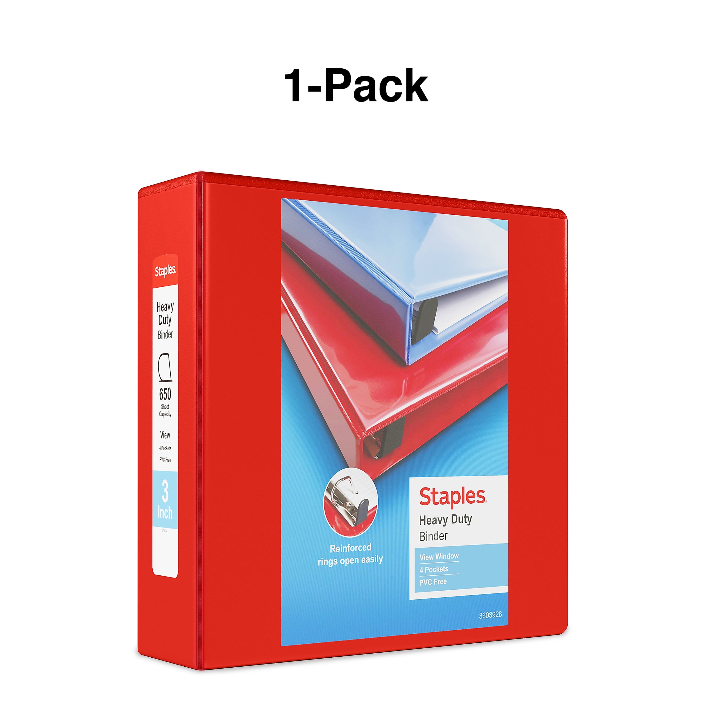 Staples Heavy Duty 3" 3-Ring View Binder, D-Ring, Red