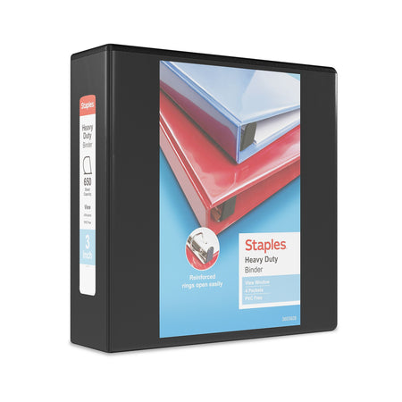 Staples Heavy Duty 3" 3-Ring View Binders, D-Ring, Black, 4/Pack