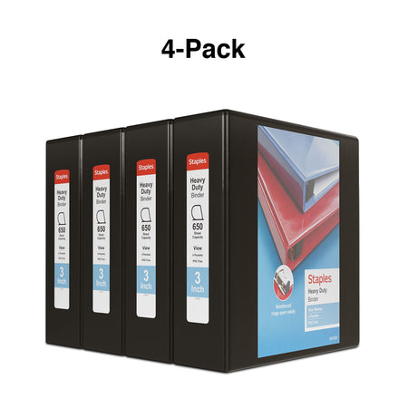 Staples Heavy Duty 3" 3-Ring View Binders, D-Ring, Black, 4/Pack