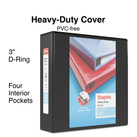 Staples Heavy Duty 3" 3-Ring View Binders, D-Ring, Black, 4/Pack