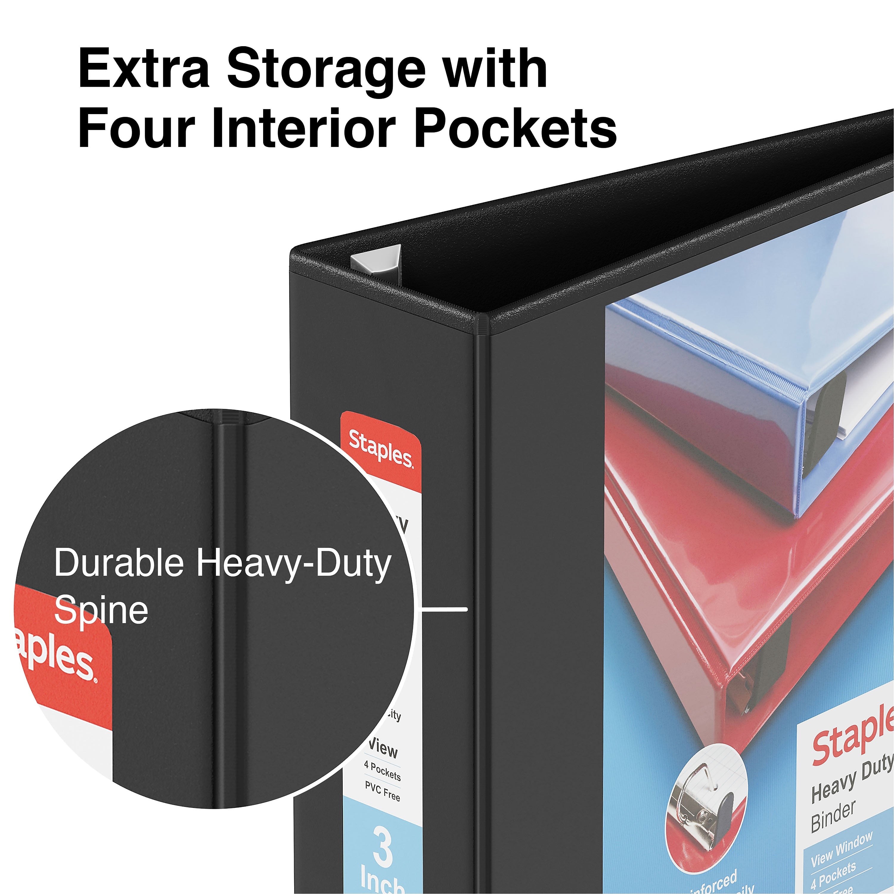 Staples Heavy Duty 3" 3-Ring View Binders, D-Ring, Black, 4/Pack