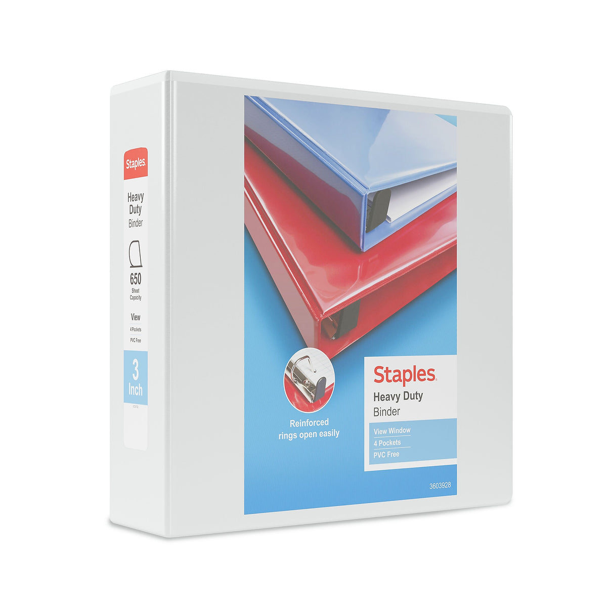 Staples Heavy Duty 3" 3-Ring View Binders, D-Ring, White, 4/Pack