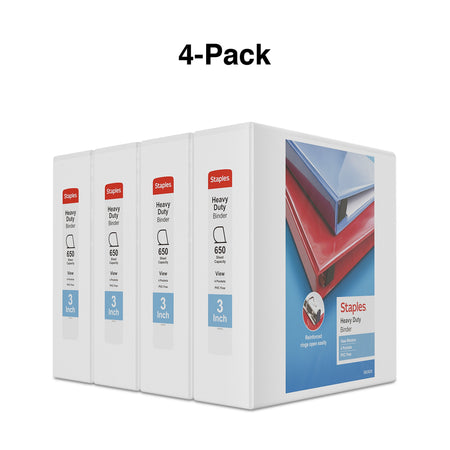 Staples Heavy Duty 3" 3-Ring View Binders, D-Ring, White, 4/Pack