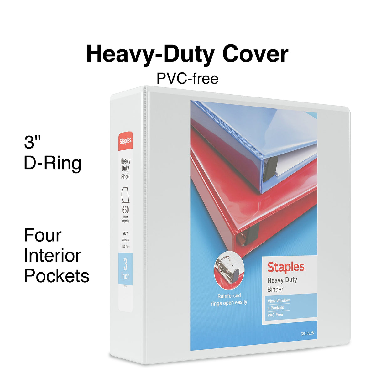 Staples Heavy Duty 3" 3-Ring View Binders, D-Ring, White, 4/Pack